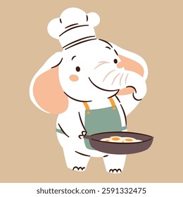Flat vector illustration in a simple children's style. Cute elephant in a chef costume holding a frying pan with scrambled eggs