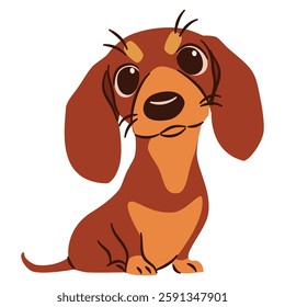 Flat vector illustration in a simple children's style. Cute sad dachshund dog sitting on white background