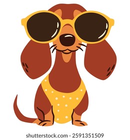 Flat vector illustration in a simple children's style. Cute happy dachshund breed dog sitting in sunglasses. 