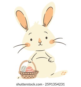 Flat vector illustration in a simple children's style. A cute bunny holding a basket of Easter eggs