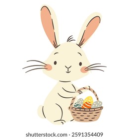 Flat vector illustration in a simple children's style. A cute bunny holding a basket of Easter eggs