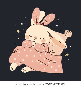 Flat vector illustration in a simple children's style. Cute bunny in pink pajamas sleeping on a pillow. Dark background and stars