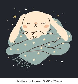 Flat vector illustration in a simple children's style. Cute bunny sleeping wrapped in blue scarf. Dark background and stars. 