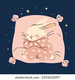 Flat vector illustration in a simple children's style. Cute bunny in pink pajamas sleeping on a pillow. Dark background and stars.