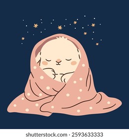 Flat vector illustration in a simple children's style. Cute bunny sleeping wrapped in pink blanket on dark star background 