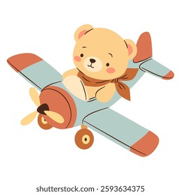 Flat vector illustration in a simple children's style. Cute bear cub flying on airplane on white background 