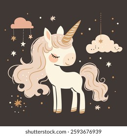 Flat vector illustration in a simple children's style. Cute unicorn on dark background with stars and clouds, print for printing on children's products 