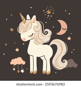 Flat vector illustration in a simple children's style. Cute unicorn on dark background with stars and clouds, print for printing on children's products 
