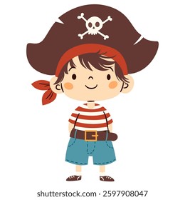 Flat vector illustration in a simple children's style. Cute boy child in pirate costume on white background 
