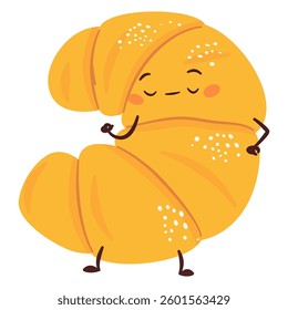 Flat vector illustration in a simple children's style. Cute croissant with face, legs and hands on white background 