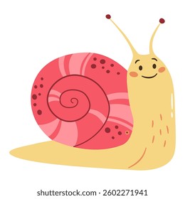 Flat vector illustration in a simple children's style. Cute happy snail on white background 