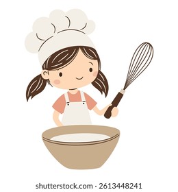 Flat vector illustration in a simple children's style. Cute child girl in chef costume is stirring dough with whisk on white background 