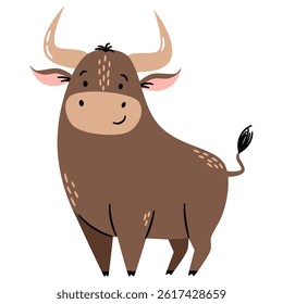 Flat vector illustration in a simple children's style. Cute bull on white background. Farm animals 