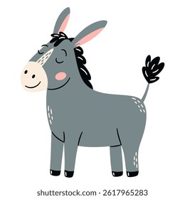 Flat vector illustration in a simple children's style. Cute donkey on white background. Farm animals 