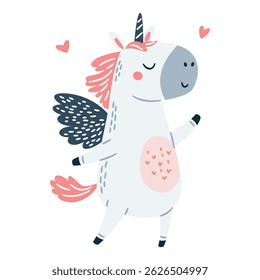 Flat vector illustration in a simple children's style. Cute unicorn standing on two legs and dancing