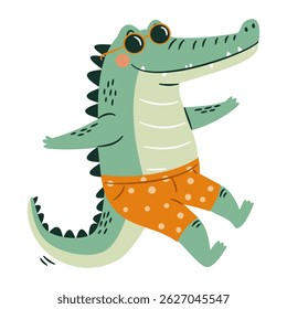 Flat vector illustration in a simple children's style. Cute crocodile with swimming trunks and sunglasses on white background 