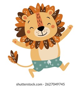 Flat vector illustration in a simple children's style. Cute lion in swimming trunks jumping on white background 