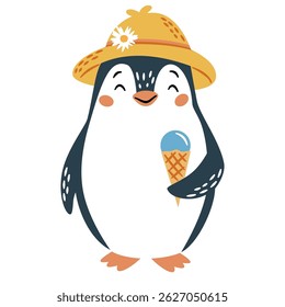 Flat vector illustration in a simple children's style. Cute penguin in a hat holding ice cream on white background 