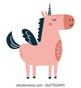 Flat vector illustration in a simple children's style. Cute unicorn with wings on white background 