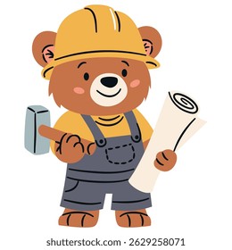 Flat vector illustration in a simple children's style. Cute builder bear with helmet and blueprints on white background 