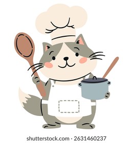 Flat vector illustration in a simple children's style. Cute cat cook on white background