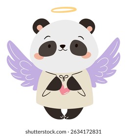 Ilustração de vetor plano em um estilo infantil simples. Panda bonito em fantasia de anjo segurando um coração. Ilustração para o dia dos namorados no fundo branco