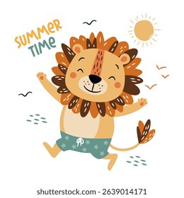 Flat vector illustration in a simple children's style. Cute lion in swimming trunks and inscription summer time