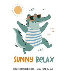 Flat vector illustration in a simple children's style. Cute crocodile in swimming trunks and summer relax caption 