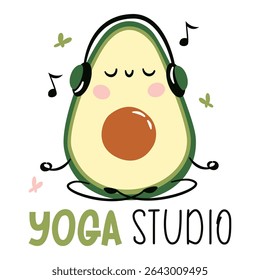 Flat vector illustration in a simple children's style. Cute avocado with muzzle with arms and legs doing yoga, sitting in lotus pose and meditating. Yoga studio lettering