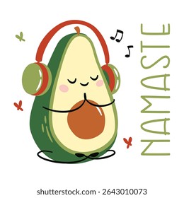 Flat vector illustration in a simple children's style. Cute avocado with muzzle with arms and legs doing yoga, sitting in lotus pose and meditating. Namaste lettering