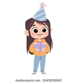 Flat vector illustration in a simple children's style. Cute little girl birthday girl holding gift box on white background
