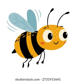 Flat vector illustration in a simple children's style. Cute bee with big eyes, white background