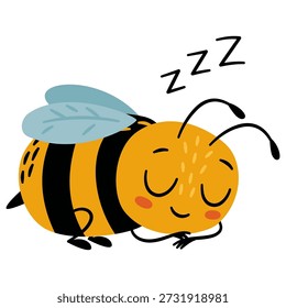 Flat vector illustration in a simple children's style. A cute sleeping bee on a white background.