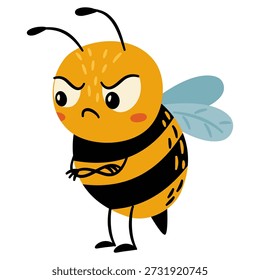 Ilustración vectorial plana en un estilo simple para niños. Una abeja enojada linda en un fondo blanco.
