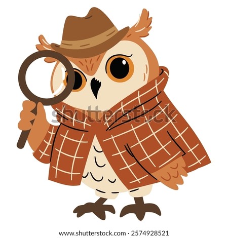 Flat vector illustration in a simple children's style. Cute owl detective looking through magnifying glass, bird in detective costume