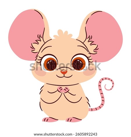 Flat vector illustration in a simple children's style. Cute baby mouse with big eyes, white background