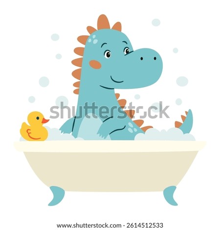 Flat vector illustration in a simple children's style. Cute dinosaur washing in the bathtub with rubber ducky 