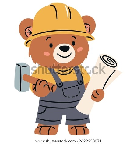 Flat vector illustration in a simple children's style. Cute builder bear with helmet and blueprints on white background 