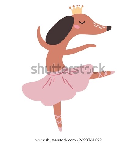 Flat vector illustration in a simple children's style on a white background. A cute dachshund in a ballet tutu is dancing ballet. 