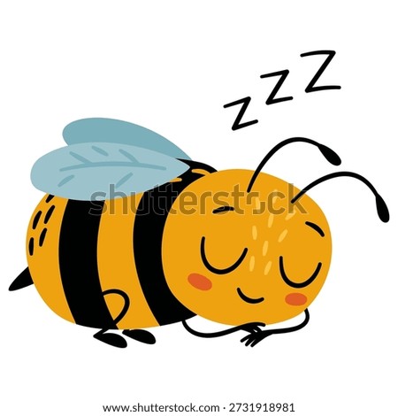Flat vector illustration in a simple children's style. A cute sleeping bee on a white background.