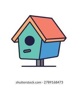 A flat vector illustration of a simple colorful birdhouse with a red roof mounted on a pole isolated on white