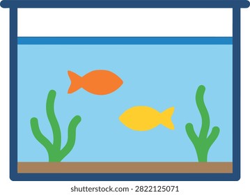 A flat vector illustration of a simple glass aquarium containing two colorful fish and green aquatic plants on a brown substrate.