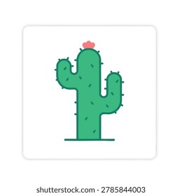 A flat vector illustration of a simple green saguaro cactus featuring a small pink flower on top against a white background