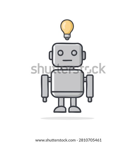 A flat vector illustration of a simple grey robot standing with a yellow light bulb symbol floating above its head representing a creative idea or innovation.