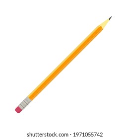 Flat vector illustration of simple lead pencil of orange and yellow color with pink rubber eraser. Isolated on white background.