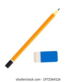 Flat vector illustration of simple lead pencil of orange and yellow color and a blue rubber eraser. Isolated on white background.