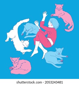 Flat vector illustration. Simple mild colours. Young person sleeps surrounded by multicolored cats. Cat's poses. Manga anime style.