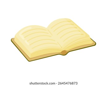 Flat vector illustration of a simple open book with blank light-colored pages. Perfect for learning, writing, reading, journaling, imagination, and creative or educational projects.