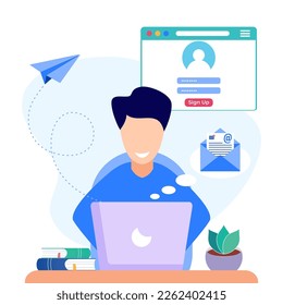 Flat vector illustration Simple scene with online registration. Create an account or log in to a specific site. Click the menu on the button banner to subscribe to marketing.