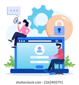 Flat vector illustration Simple scene with online registration. Create an account or log in to a specific site. Click the menu on the button banner to subscribe to marketing.